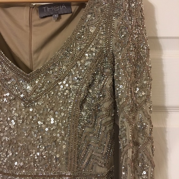 Theia Silver Nude 3/4 Sleeve Sequin Crepe Gown - Picture 3 of 8